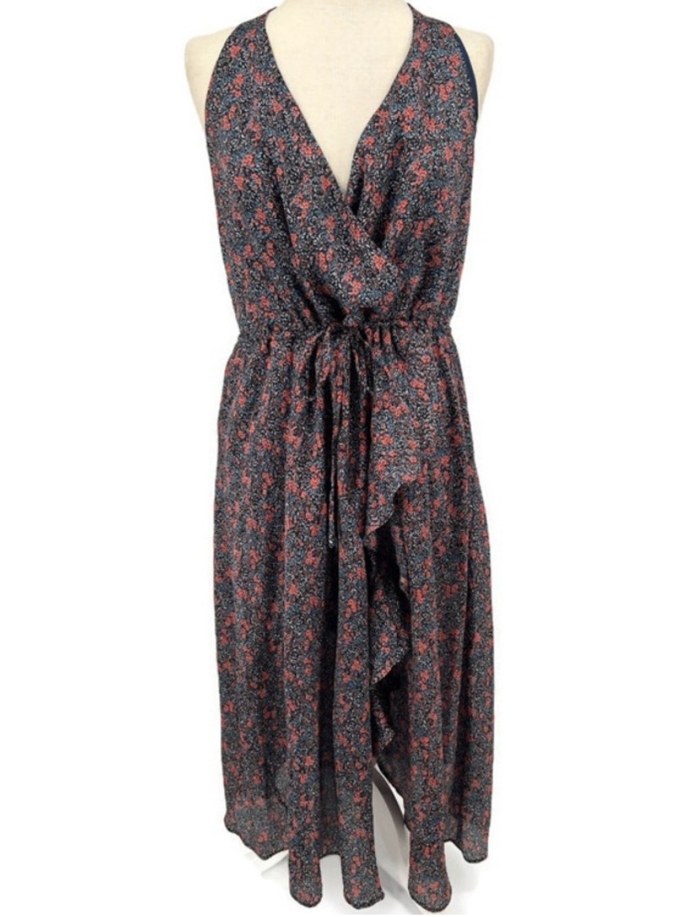 Avec Les Filles floral low cut flowy tie waist wrap dress black coral